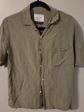 Portuguese Flannel Men's Dogtown Collar Camp Olive Green Linen Blend Shirt Sz S